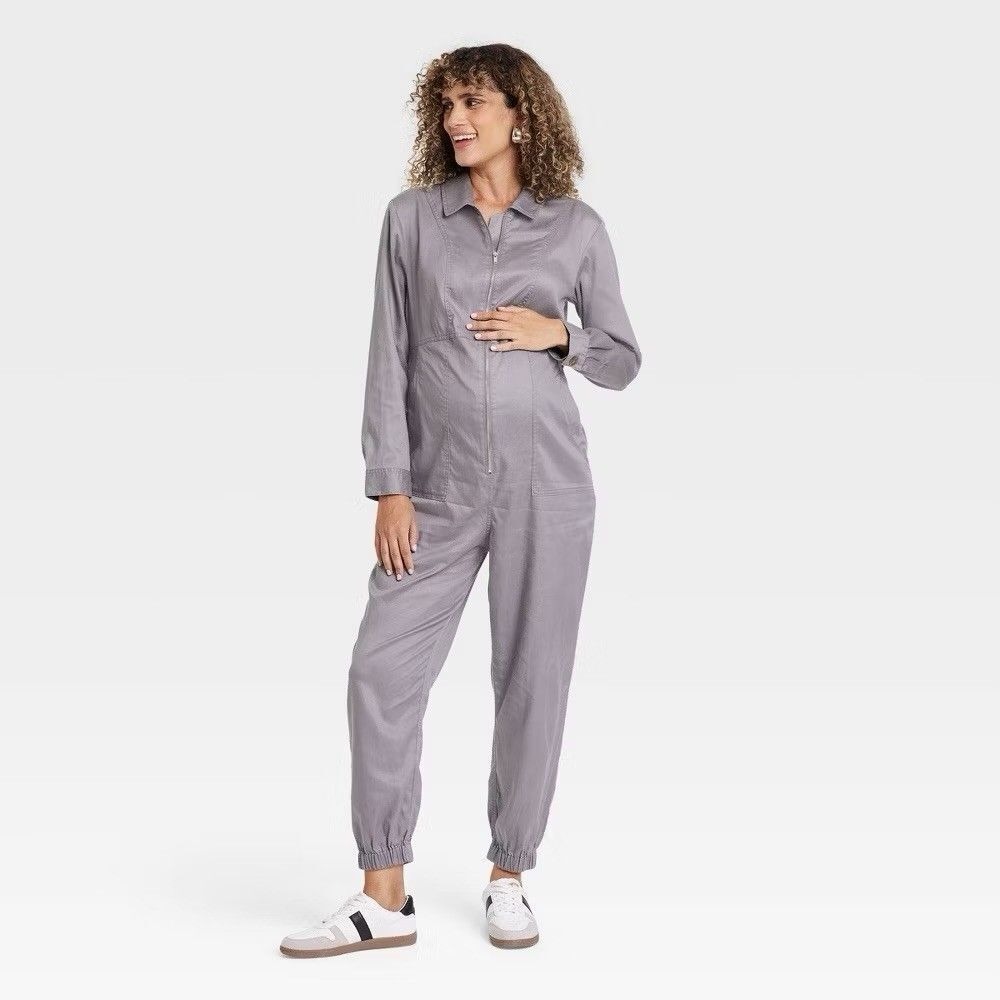 Isabel Maternity Woven Long Sleeve Jumpsuit Women XS‎ Grey Front Zip Utility
